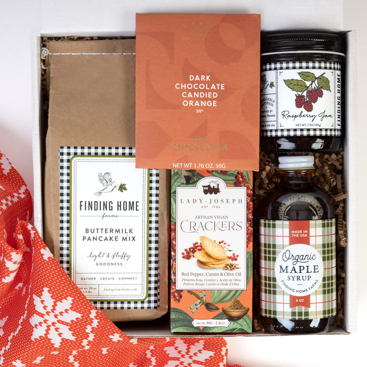 Perfect gift for employees and corporate gifts. featuring pancake mix, maple syrup, chocolate, jam, cracker and more.