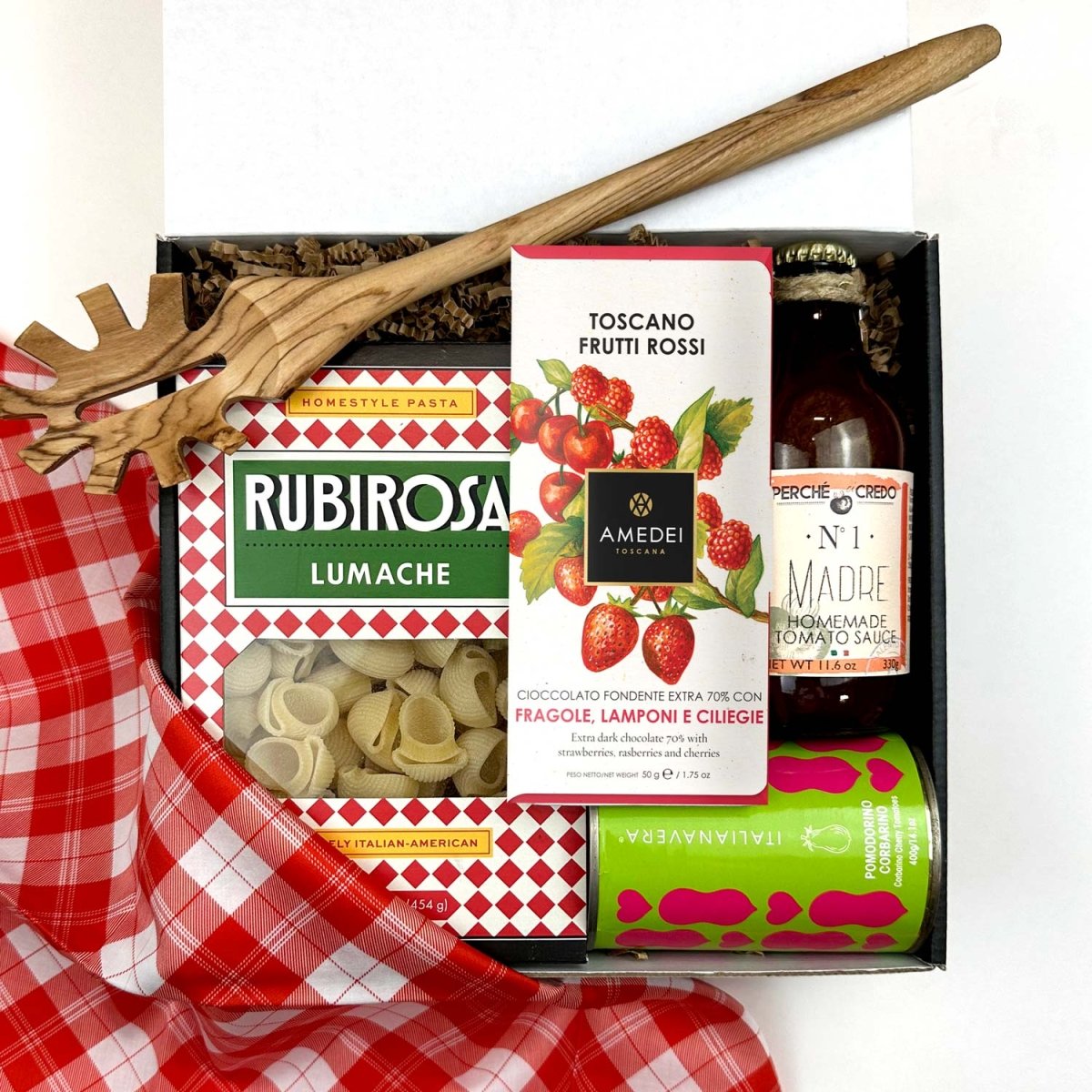 kadoo holiday pasta gift box with homemade pasta sauce, rubirosa lumache pasra, italianavera tomato, amedei chocolate and more