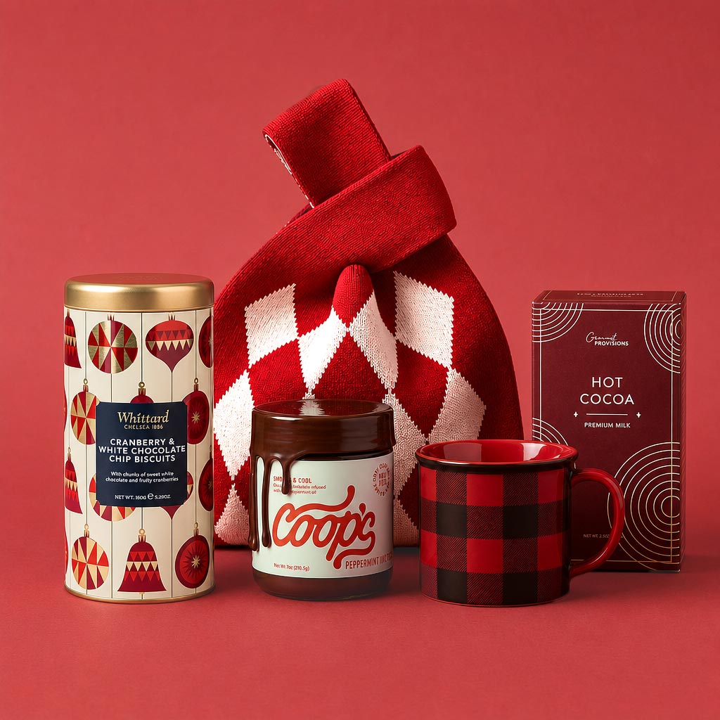 A holiday gift bag set featuring a Whittard cranberry and white chocolate chip biscuits, a jar of Coops peppermint hot fudge, a red and black buffalo plaid mug, a box of Gran Provisions hot cocoa and a red and white argyle knit bag, arranged on a solid red background.