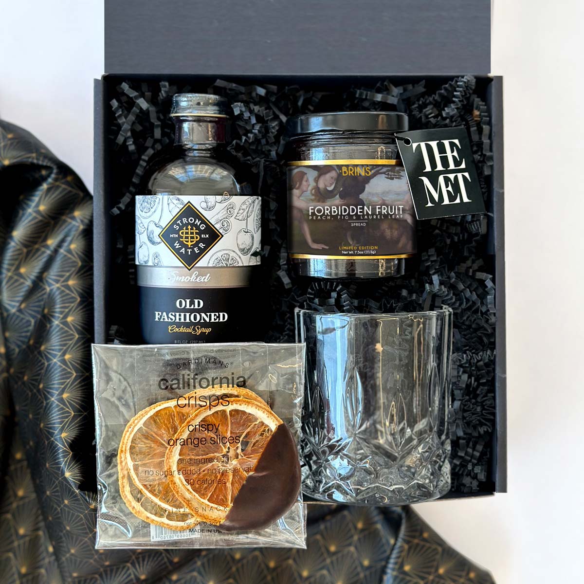 kadoo old fashioned curated gift box with cocktail syrup, The MET jam, viski crystal tumbler, orange slice and more