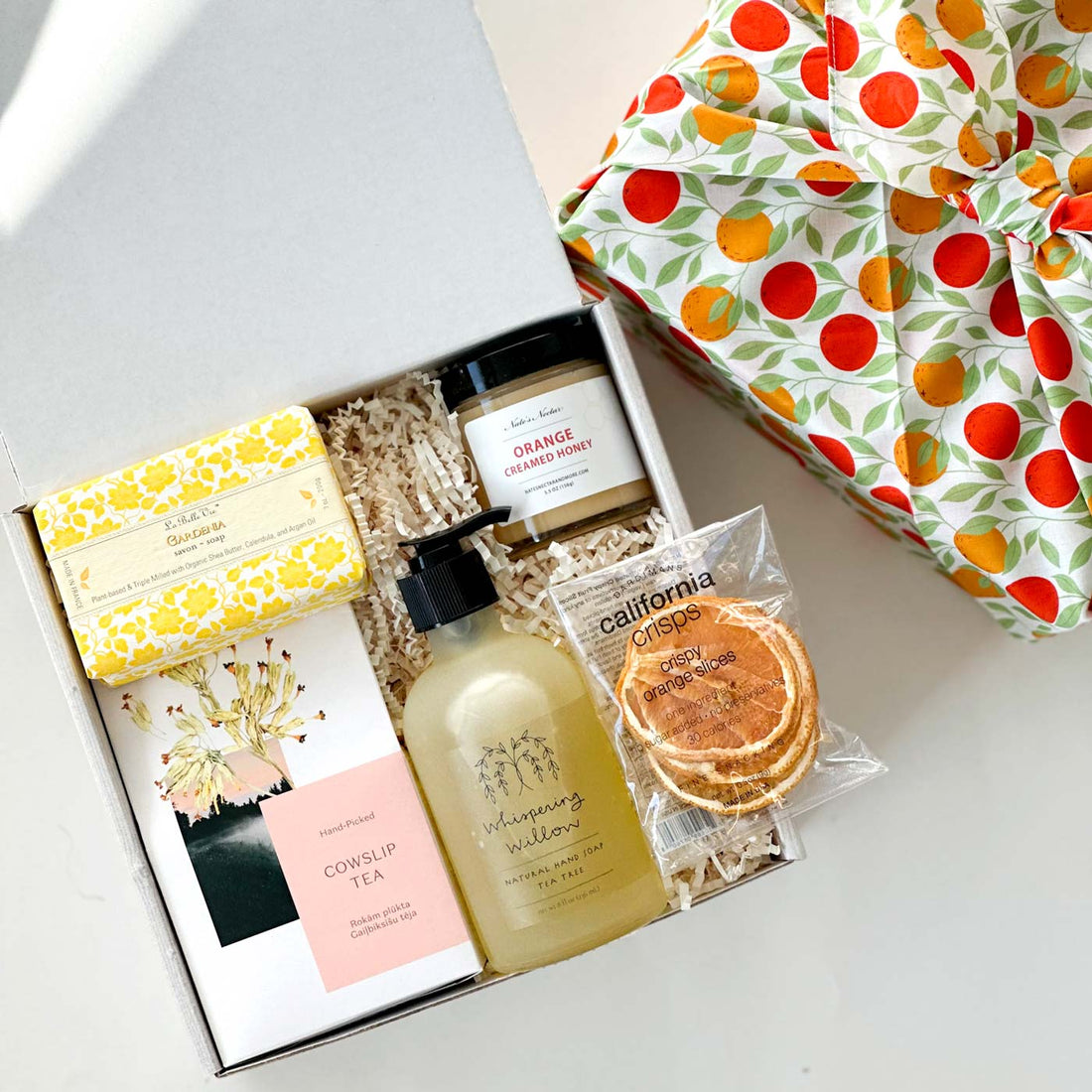 kadoo orange blossom gift box with furoshiki wrap, include: tea, soap, honey, orange and more