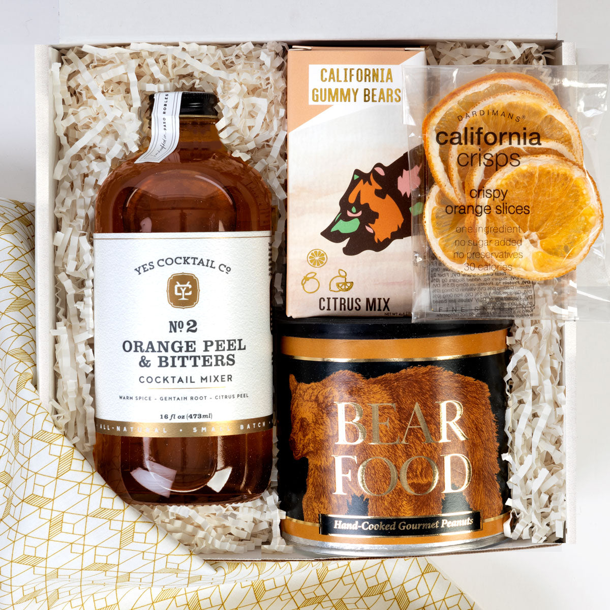 Gift for Him. Custom curated gift box include orange peel & bitters, gourmet peanuts, gummy bears, orange slices and more.