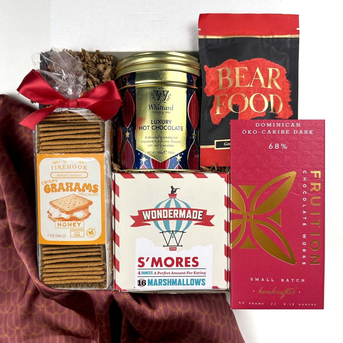 kadoo s'mores holiday curated gift box with grahams crackers, marshmallows, hot chocolate, chocolate, peanuts and more