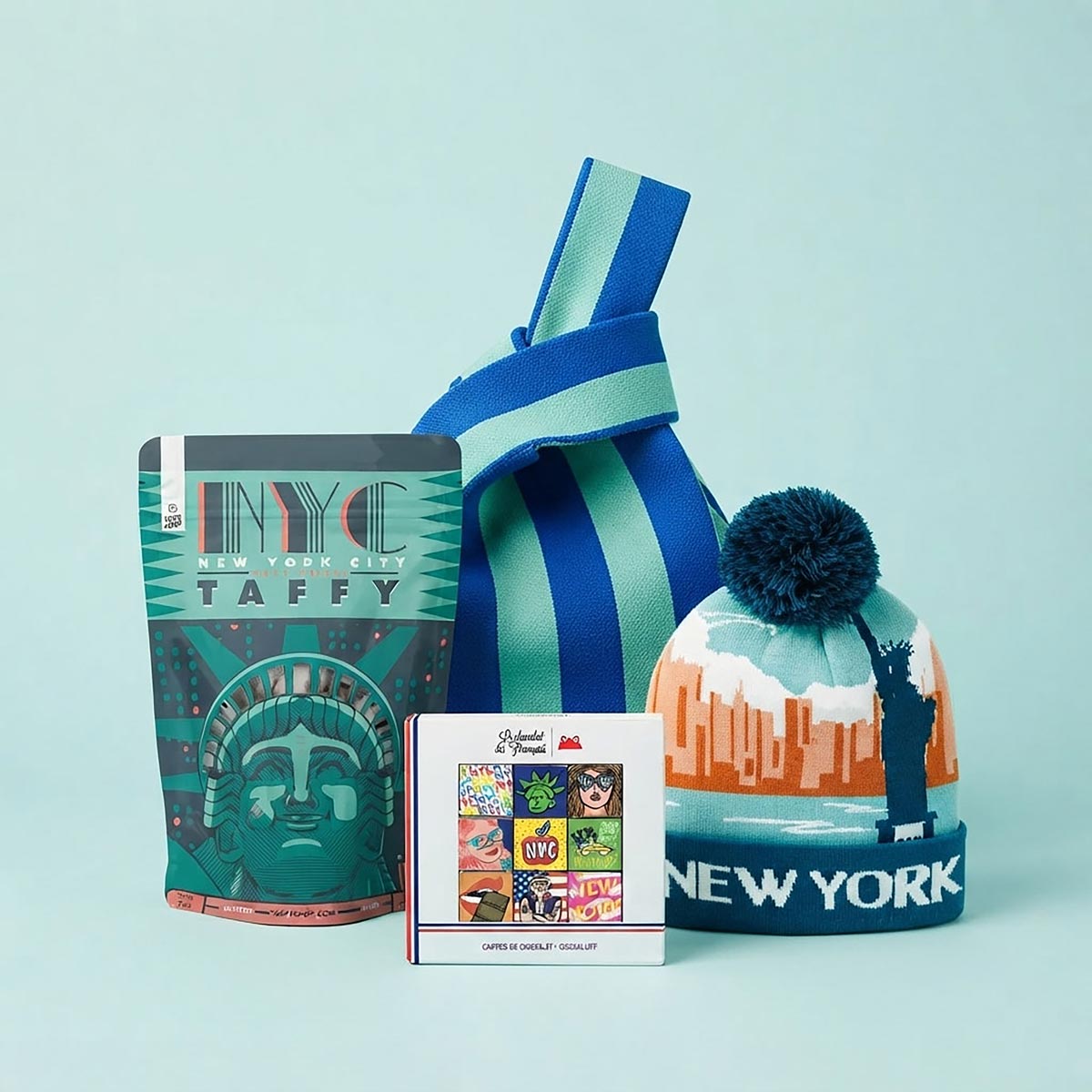 A New York City themed gift set on a light blue background, featuring a bag of NYC Statue of Liberty taffy, a small box of French Chocolate with NYC theme art print, and a blue knit beanie of a New York City skyline with a pom-pom.
