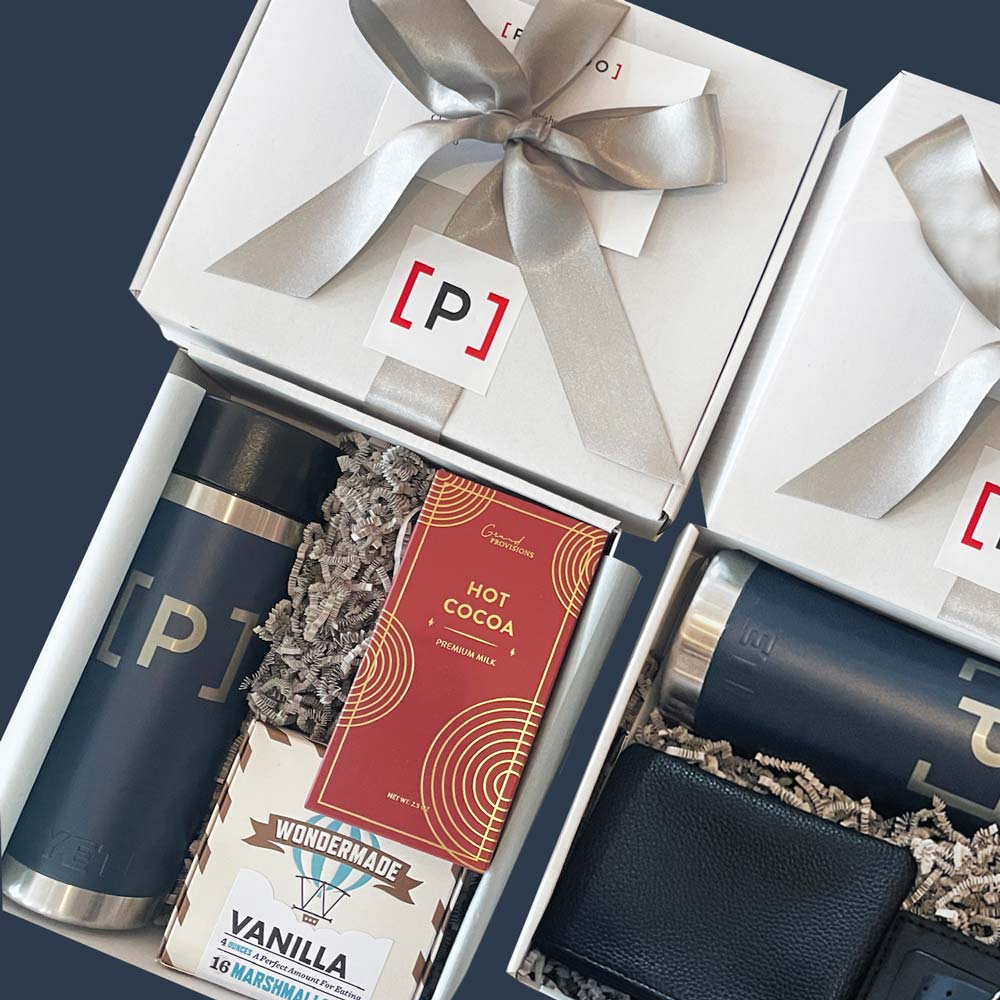 persado corporate gift box with branded water bottle, hot chocolate, vanilla marshmallow. White gift box with silver ribbon.