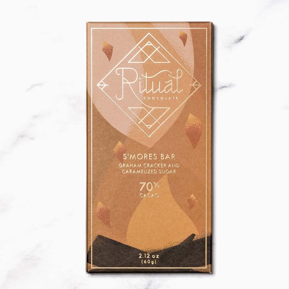 Ritual Chocolate S&#39;mores Bar chocolate packaging with on a marble surface.