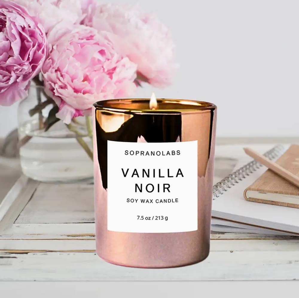 soprano labs vanilla noir soy wax candle in rose gold glass container