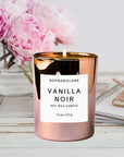 soprano labs vanilla noir soy wax candle in rose gold glass container