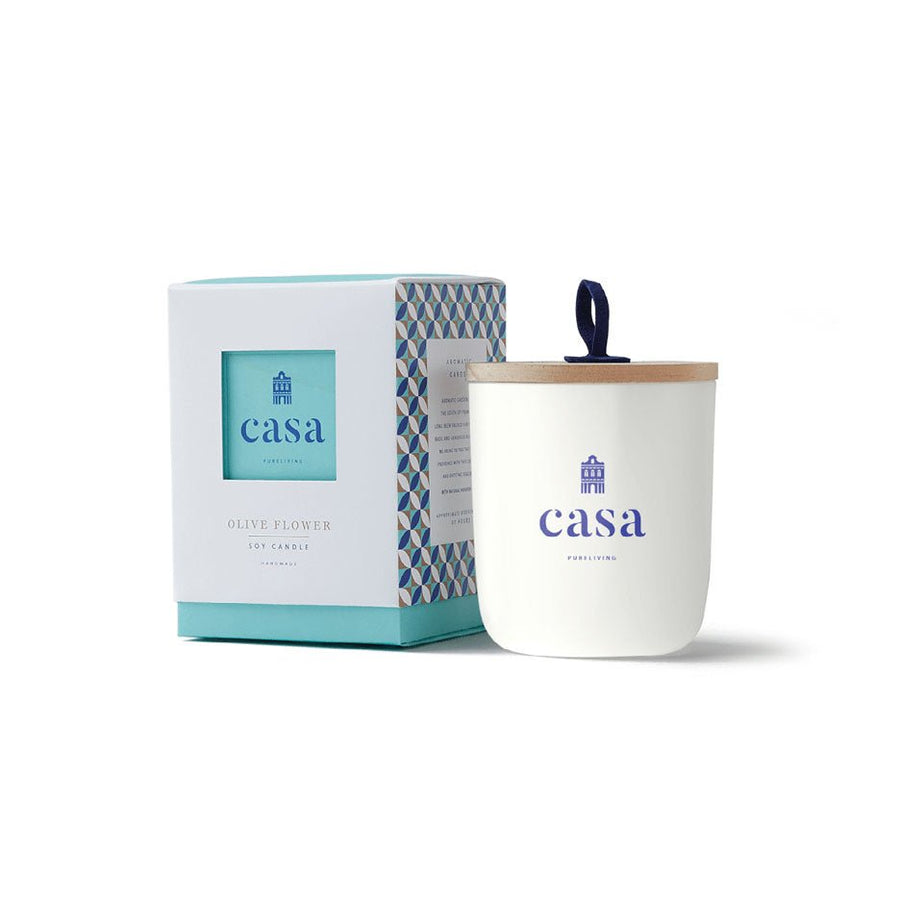 Casa Pure Living Olive Flower Soy Candle 20 hours burn time.