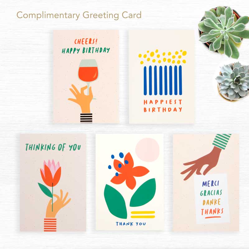 greeting cards complimentary: happy birthday, cheers, thinking of you, thanks, merci and more