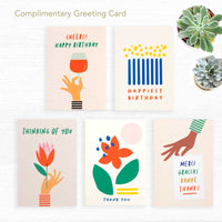 Greeting cards: Cheers! Happy Birthday. Thinking of You, Thank You, Merci, Gracias, Danke and Thanks. 