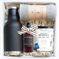 KADOO Morning Welness gift box with linen fabric wrap. Contains Asobu insulated water bottle, Nawrap anti-bacterial fitness towel, Wilder & Co Hand sanitizer and Banner Road Baking Organic Granola. 