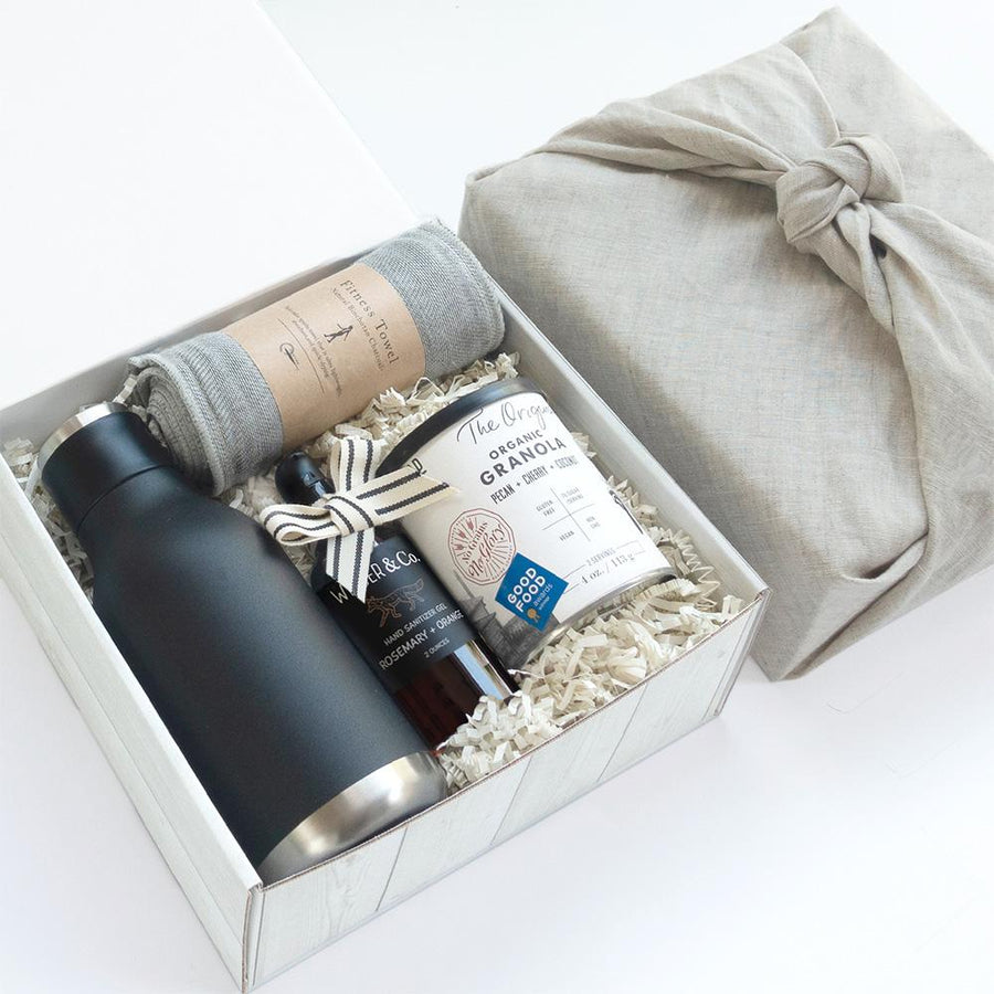 KADOO Morning Wellness gift box with natural French linen fabric wrap for Father’s Day or Gift for him. Contains insulated water bottle, anti-bacterial fitness towel, a hand sanitizer and award-winning granola.