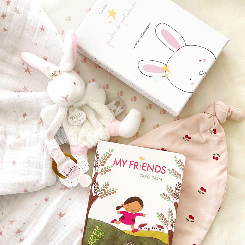 My Bunny Friends baby shower gift for girl. Contains: swaddle blanket, My Friends Taro Gomi Children's Book, cotton hat for newborn and a soft bunny lovey.