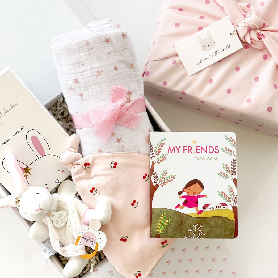 My Bunny Friends curated baby gift box. Perfect gift for newborn baby girl and baby shower gift set.