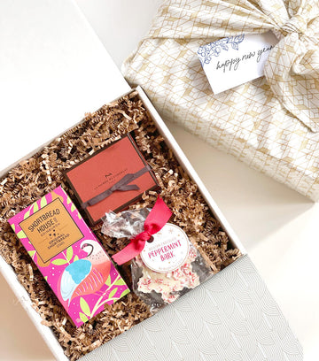 kadoo furoshiki corporate curated gift box with la maison du chocolat chocolates, shortbread house cookies, peppermint bark