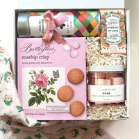 luxurious spa gift for her by kadoo gift box,  including fine english rosehip cookie, art of the english breakfast, rose soap and exfoliating sugar scrub.