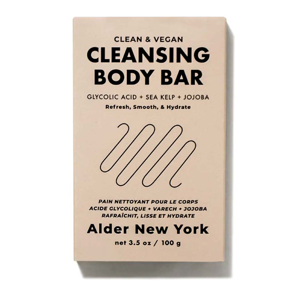 alder new York cleansing body bar: vegan, jojoba, glycolic acid and sea kelp