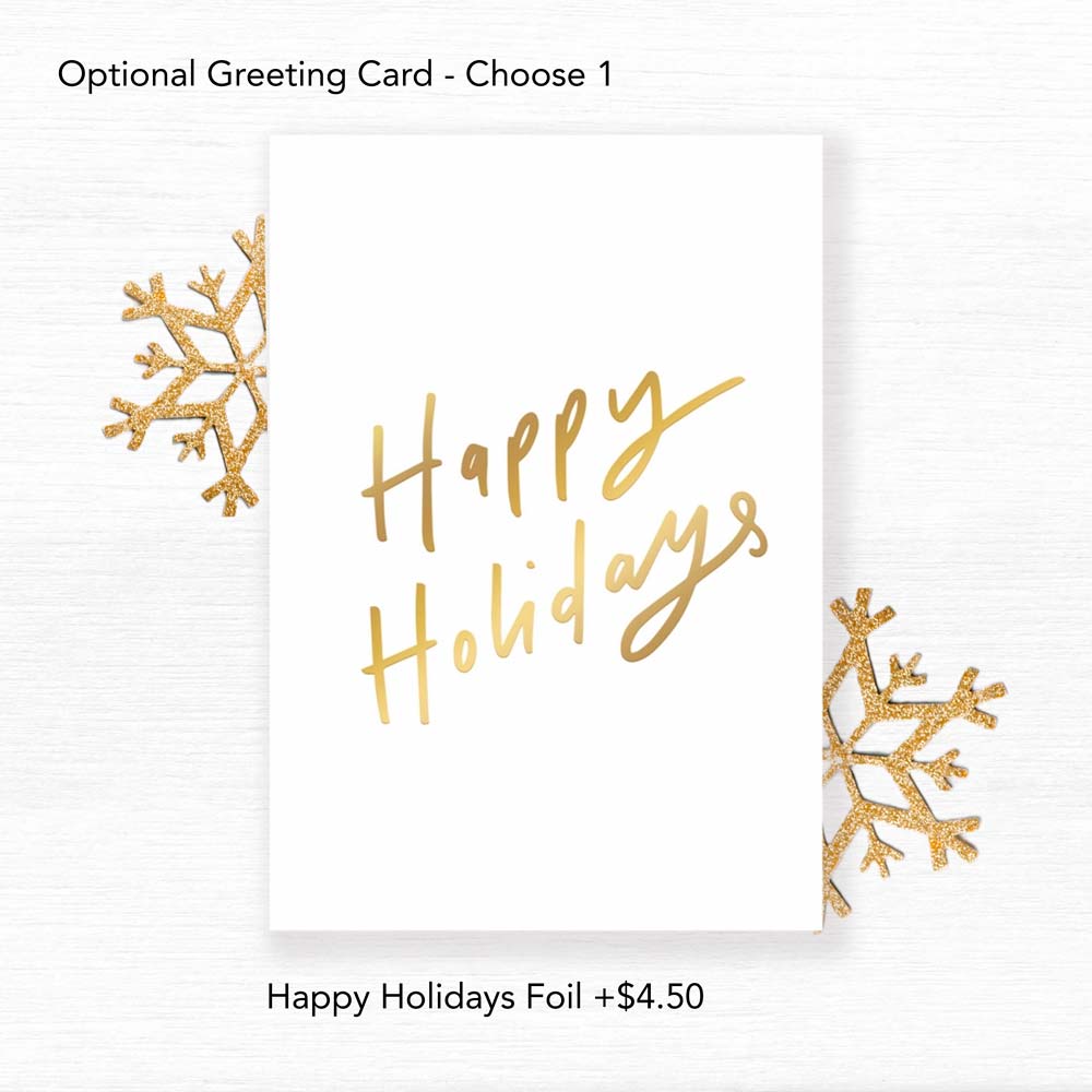 happy holidays notecard with foil greeting as an add on $4.50