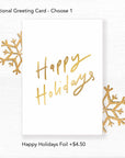 happy holidays notecard with foil greeting as an add on $4.50