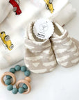 kadoo baby boy shoes, silicone wooden teether ring and swaddle.