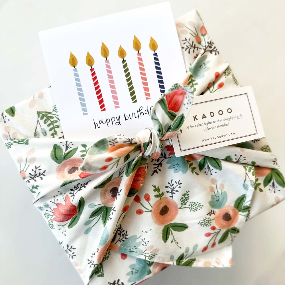  kadoo happy birthday curated gift box with furoshiki reusable fabric wrap and dry floral bouquet.