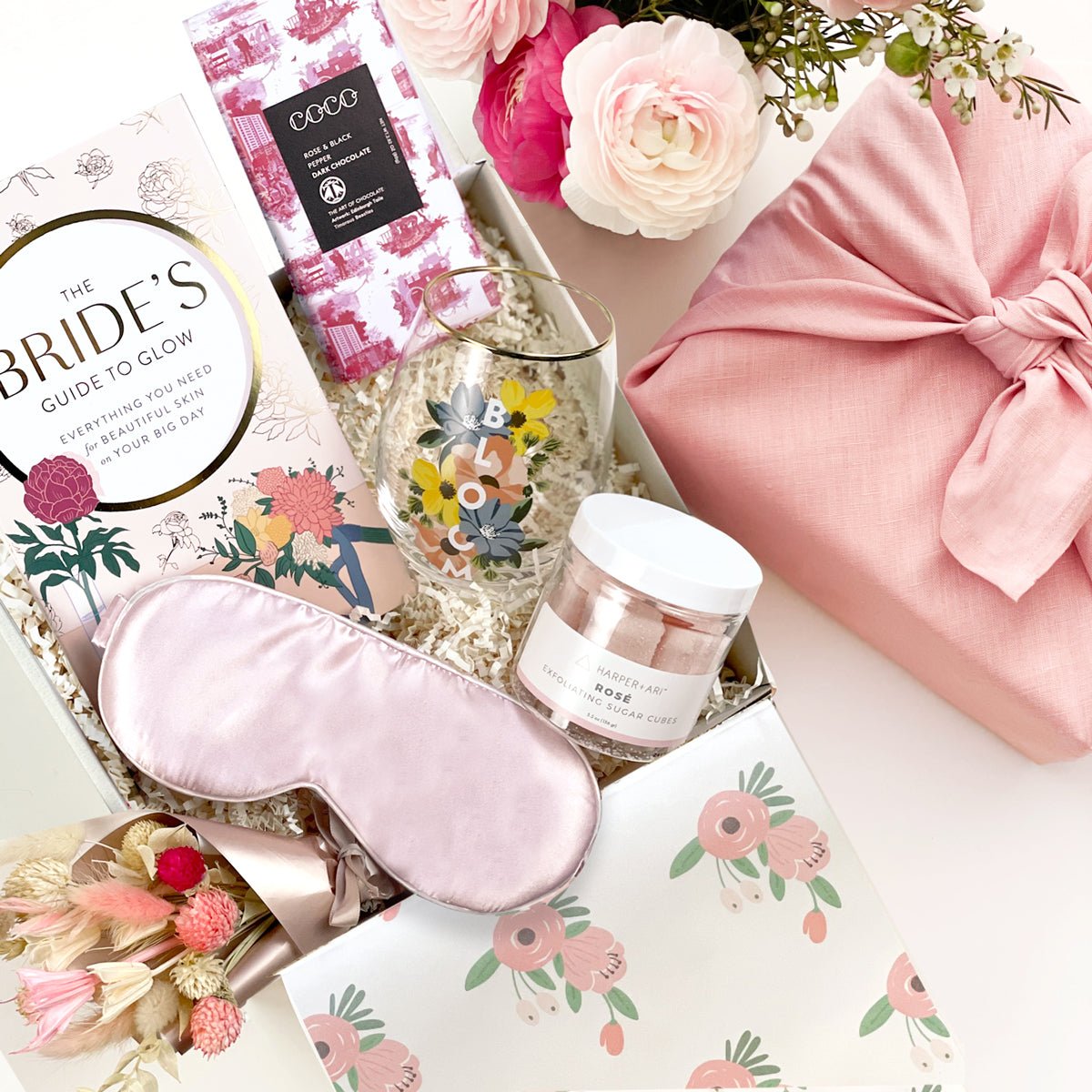 Bride to Be curated gift box, perfect for wedding party and bridal gift. Contain Bride&#39;s guide to glow, coco rose chocolate and more.