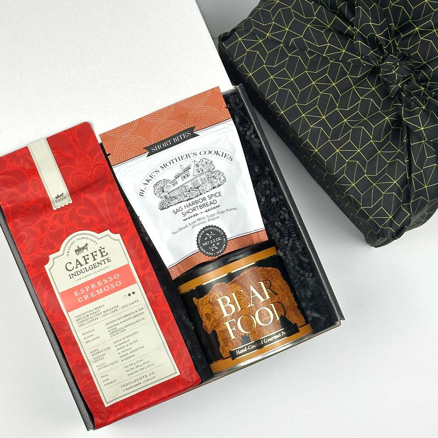 kadoo coffee treat gift box in furoshiki wrap with espresso, shortbread, peanuts and more