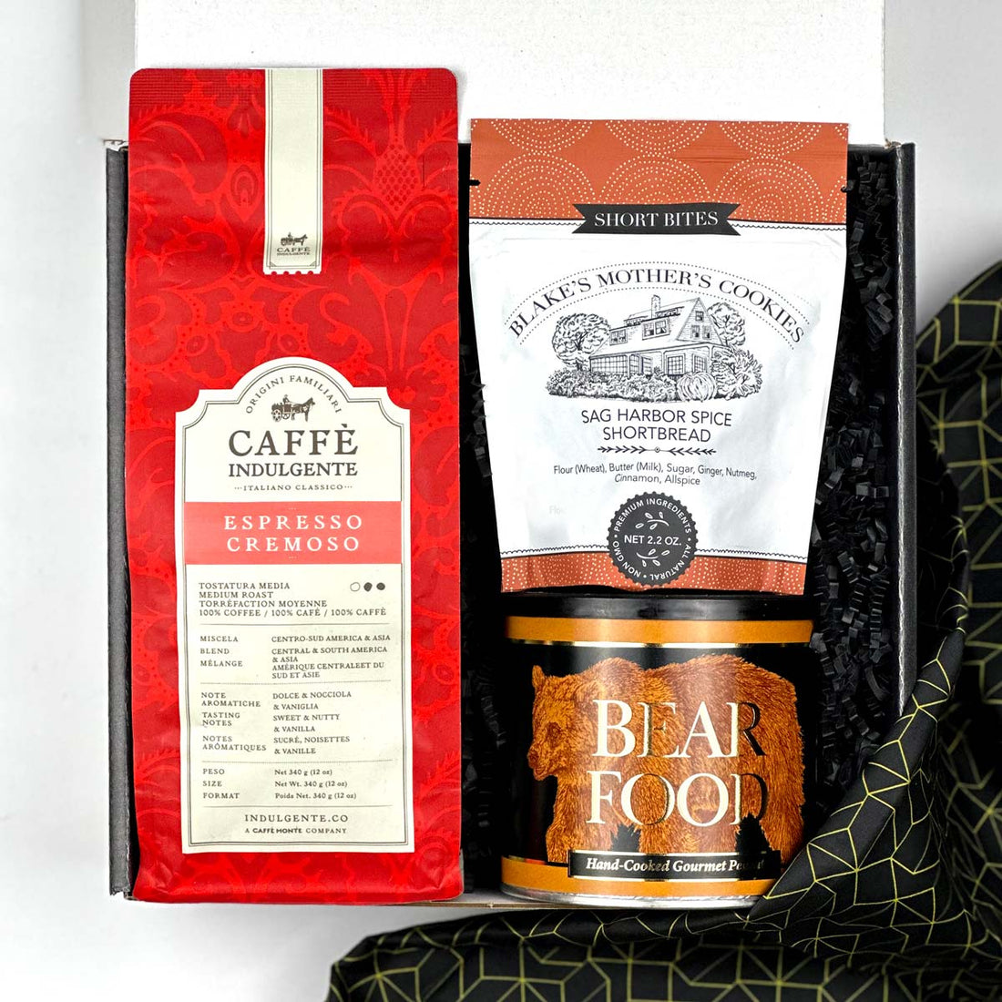 kadoo coffee treats gift box with espresso, shortbread, gourmet peanuts and more