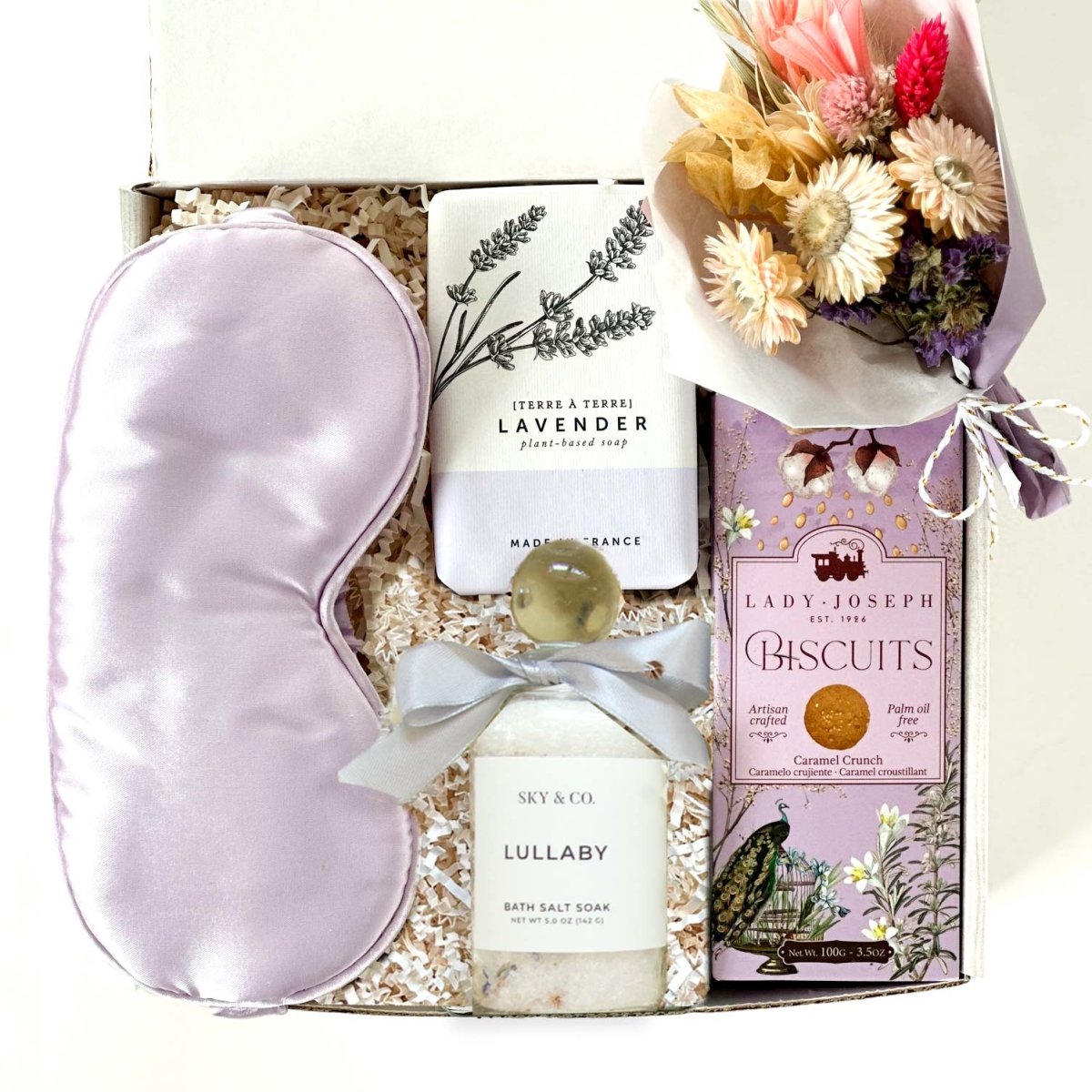 Kadoo Lavender Spa Curated Gift box: natural bath salt, lavender soap, aromatherapy silk eye mask, biscuits &amp; more.
