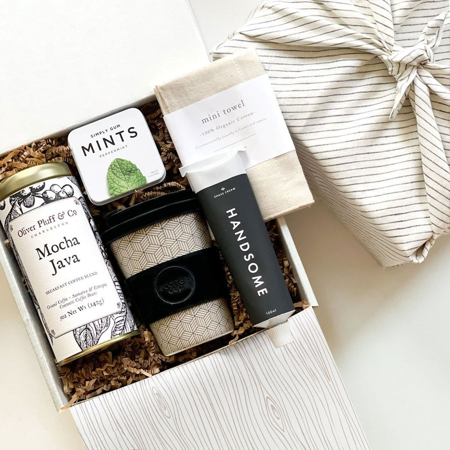 kadoo father's day curated gift box. The morning routine with mocha java coffee, reusable coffee cup, shaving cream, organic mini towel, and simply gum mints.