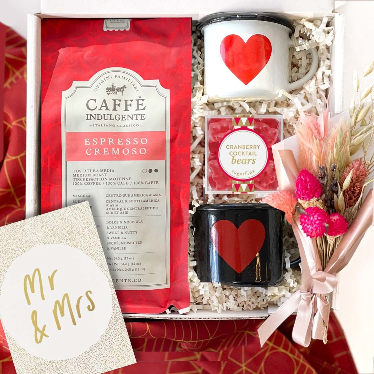 kadoo mr and mrs. wedding curated gift box with coffee, two heart espresso cups,  sugarfina gummy bears &amp; more.