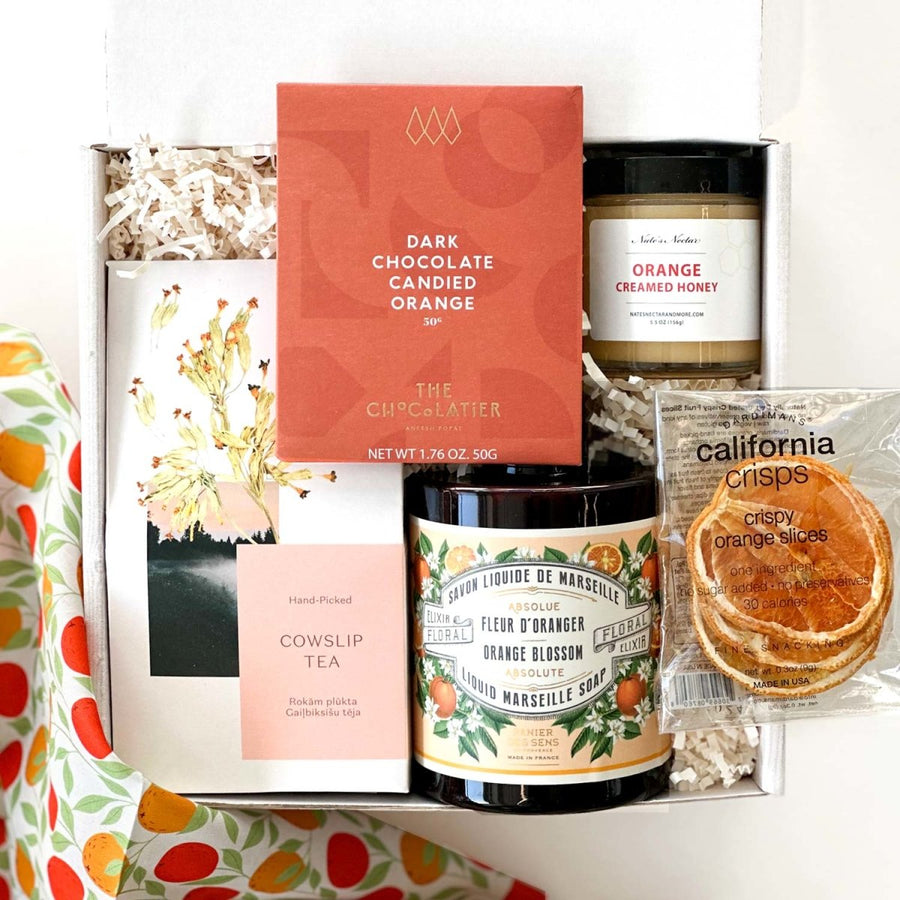 kadoo orange blossom curated gifts with tea, chocolate, hand soap, honey, crispy orange slice and more.