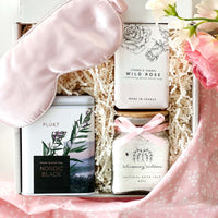 kadoo rose spa gift box with bar soap, bath salt, nordic black tea, eye silk mask and more.