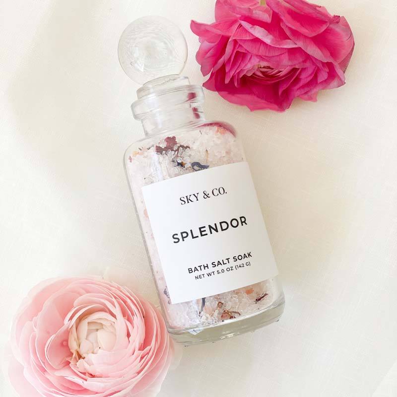 sky & co splendor bath salt soak. perfect gifts for bridal, bride to be and newly engaged.