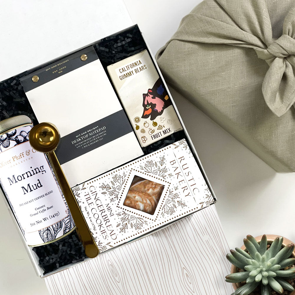 Morning Coffee Curated Gift Box with gingerbread cookies, California gummy bears, wit delight notebook and more.