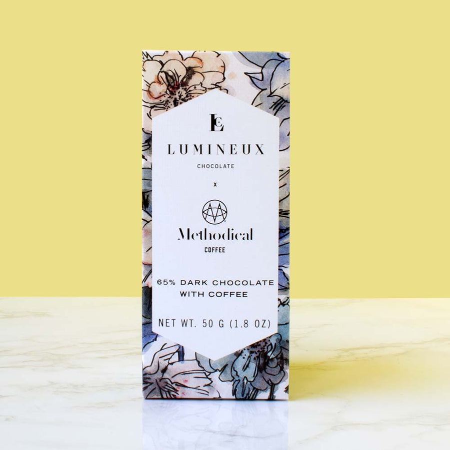 lumineux chocolate 65% dark chocolate bar with coffee. Collaboration with Methodical Coffee.