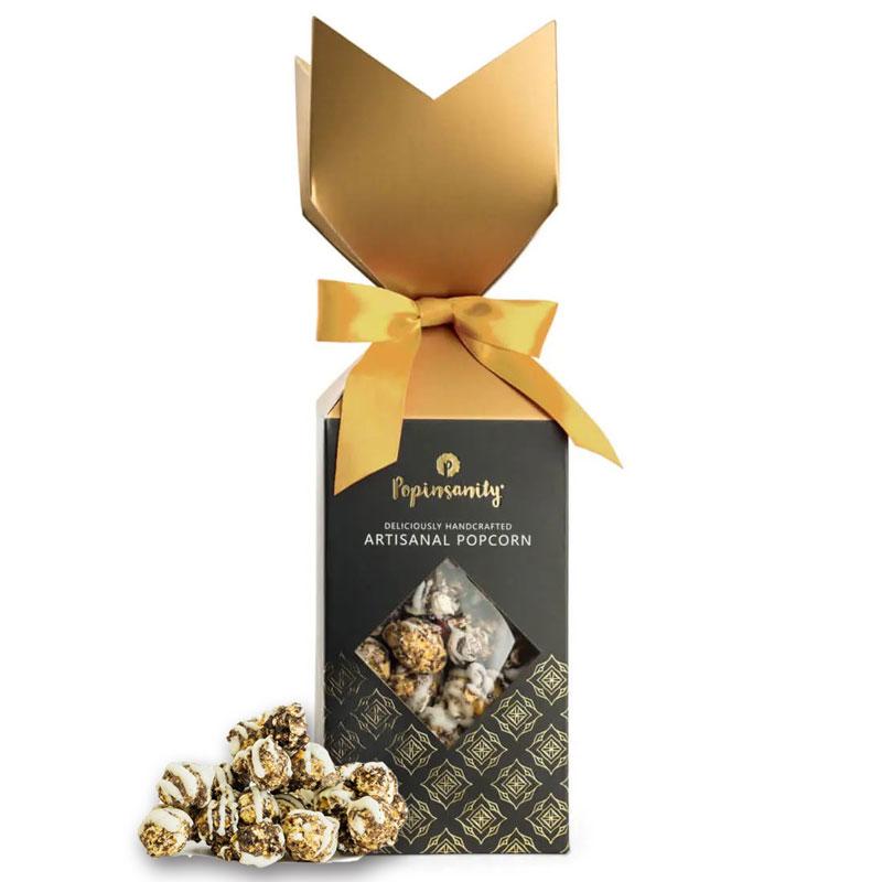 Popinsanity artisanal gourmet popcorn cookie cream chocolate.