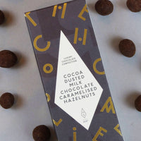 the chocolatier cocoa dusted milk chocolate caramelised hazelnuts.