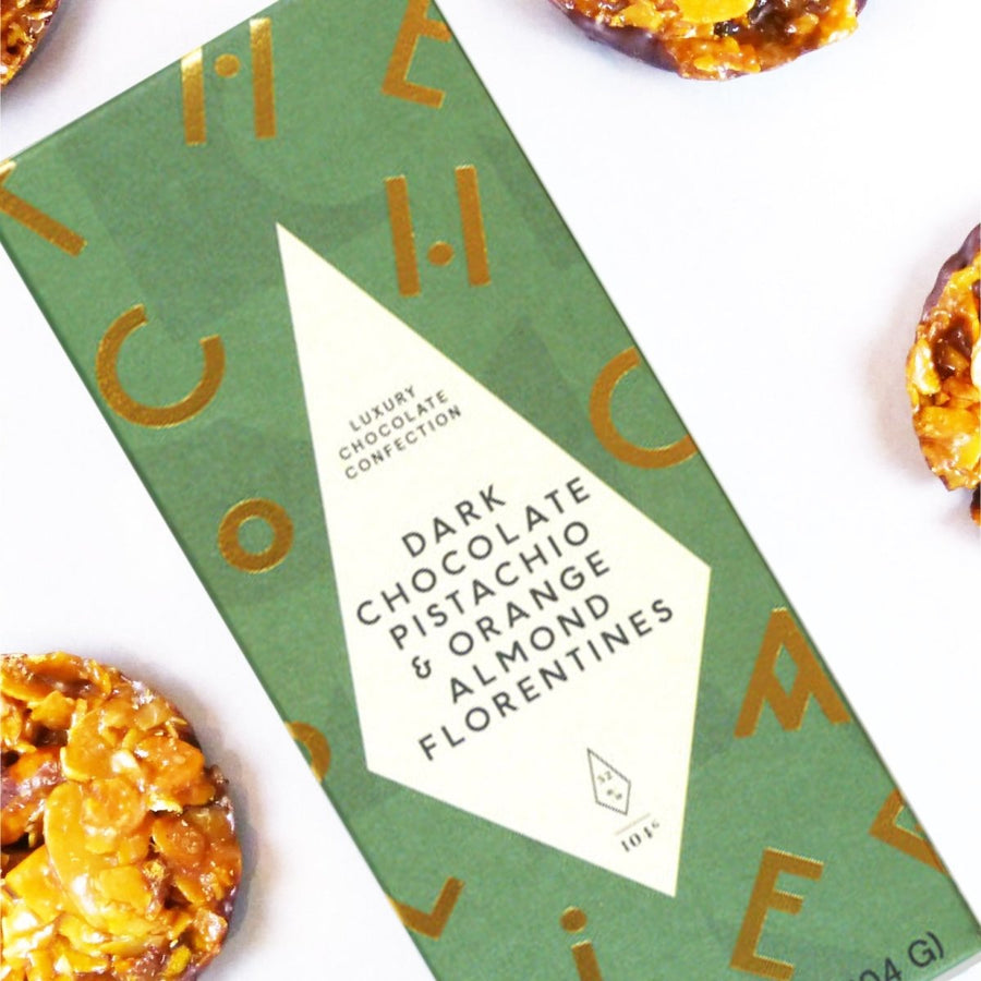 the chocolatier dark chocolate almond pistachio florentine.